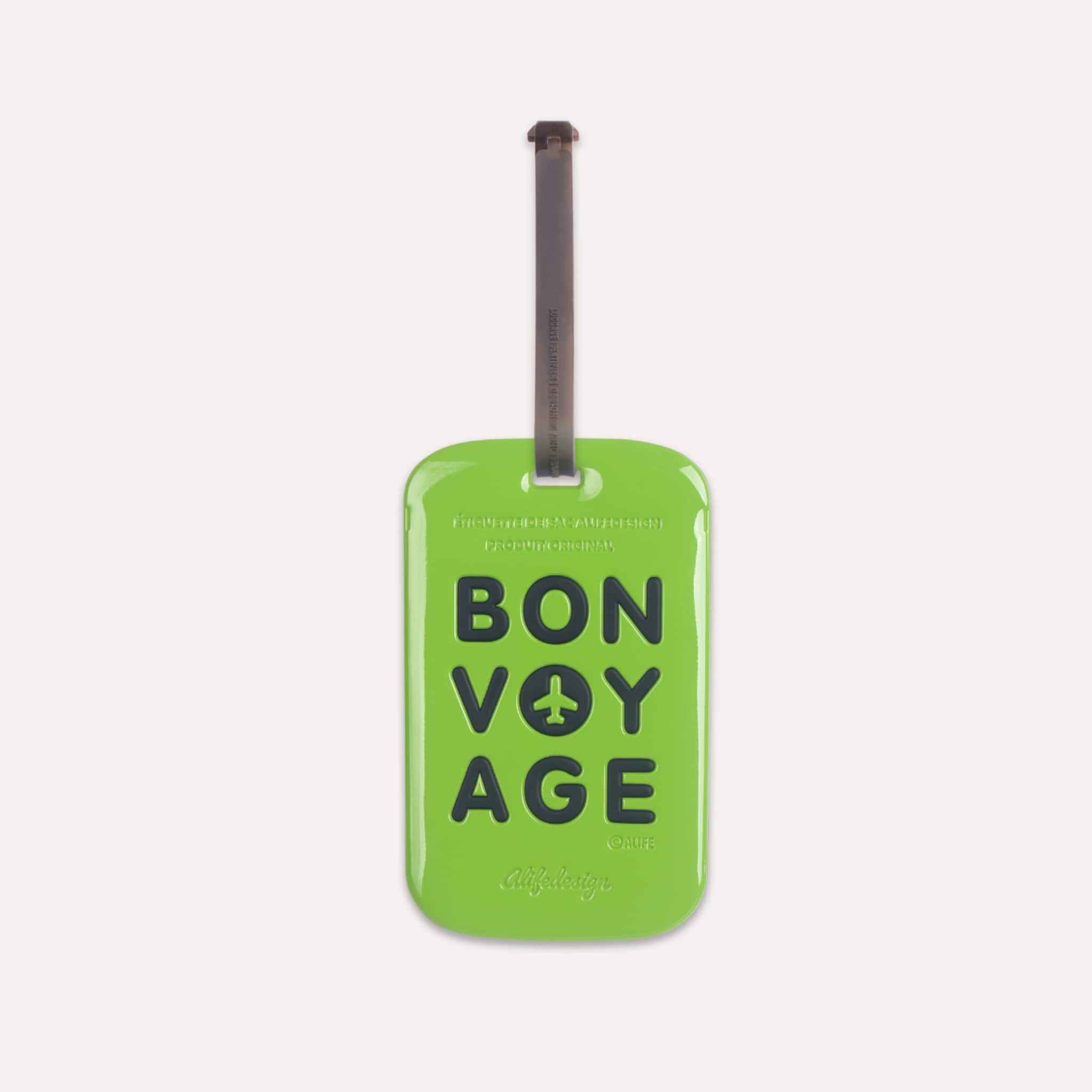 Étiquette bagage Bon Voyage Tag Verte de ALIFE DESIGN. Un accessoire de voyage moderne, pratique et coloré. Reconnaissez votre valise en un clin d'oeil.