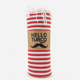 Charger l&#39;image dans la galerie, Serviette de plage rouge Hello Turco, fabriquée main 100% coton biologique.