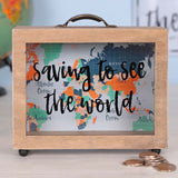 Charger l&#39;image dans la galerie, Saving to See the World Money Box est une tirelire originale décorative en bois en forme de valise. Une super idée cadeau voyage pour les globe-trotteurs de votre entourage. 